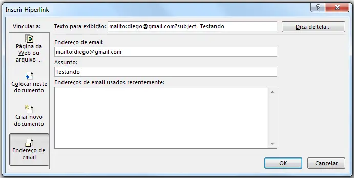 Informações para enviar email pelo excel preenchidas