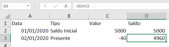 Planilha de Fluxo de Caixa Excel - Diária e Simples 3 Inserindo a segunda linha na planilha de fluxo de caixa excel