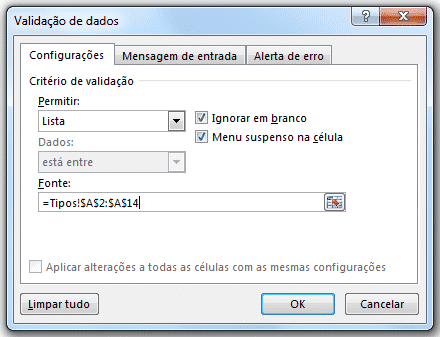 Planilha de Fluxo de Caixa Excel - Diária e Simples 5 Preenchendo as opções para a validação de dados