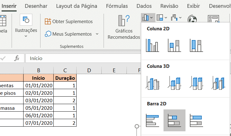 Inserindo o gráfico de barras empilhadas