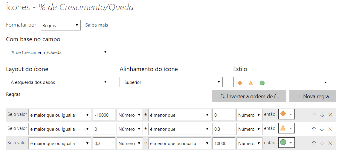 Configuração da Formatação Condicional com os ícone