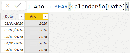 Fórmula para obter o ano da data - Comparação com ano anterior no Power BI