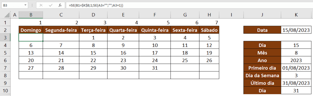 Calendário atualizado após trocar a data