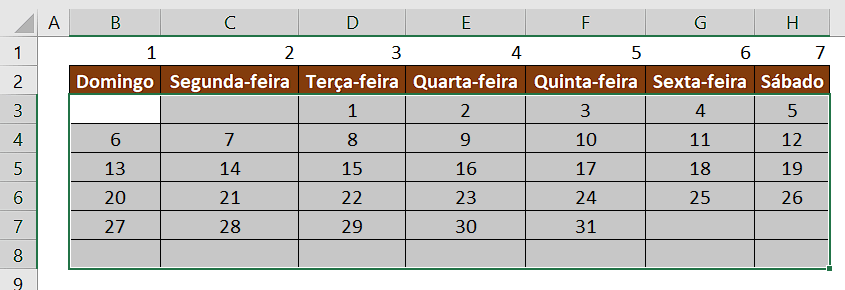 Selecionando todas as células do calendário