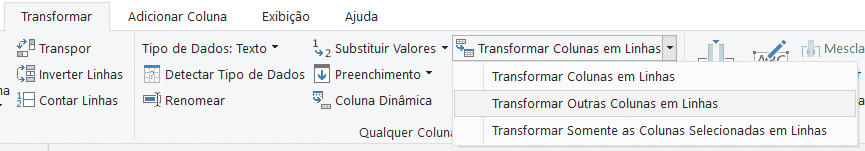 Opção para transformar colunas em linhas