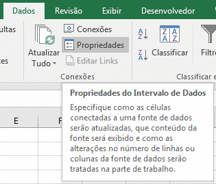 Opção de propriedades quando for importar dados da web