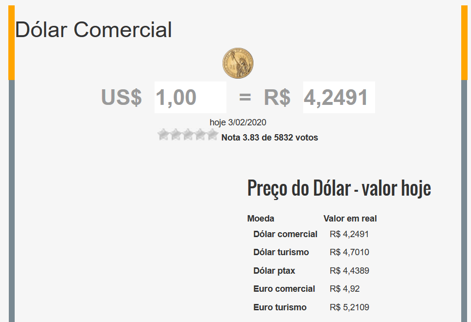 Prévia do site para obter o valor do dólar