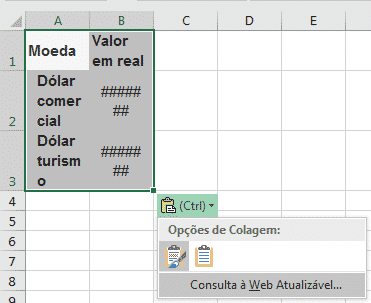 Opção para linkar a página após colar os dados no Excel