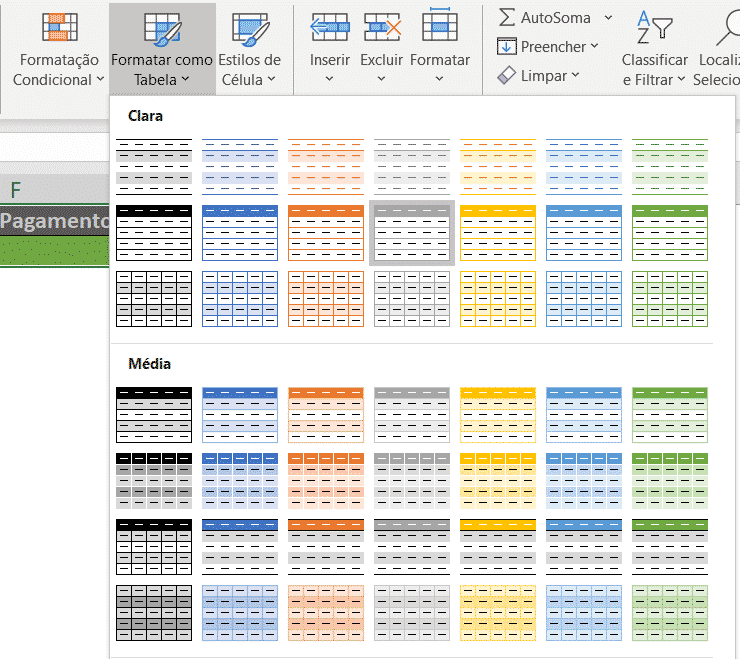 Opção para formatar como tabela