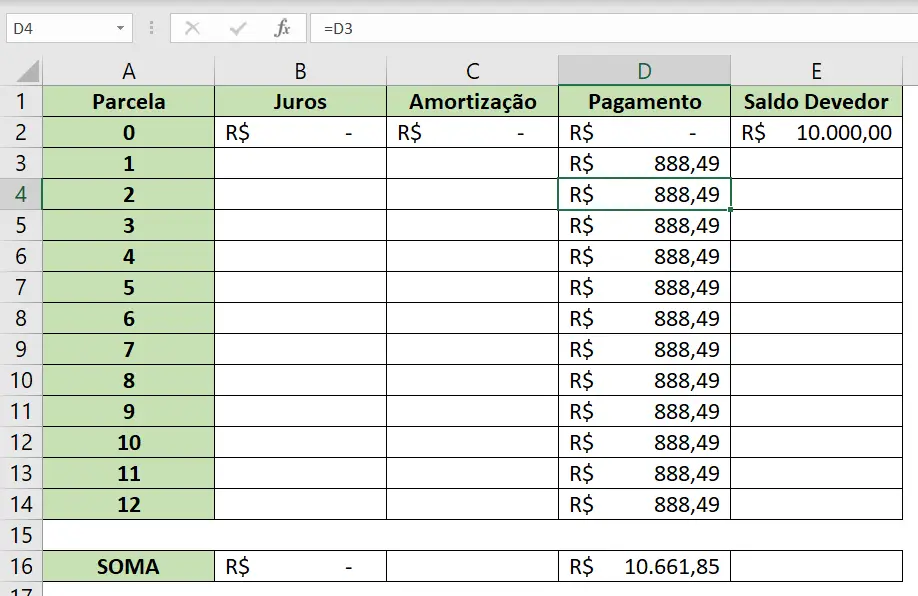 Fórmula aplicada as outras células, mantendo o mesmo valor - Tabela Price e SAC