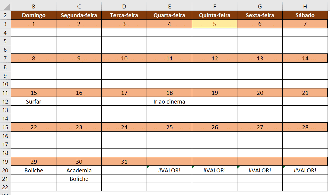 Fórmula FILTRO aplicada em todo o calendário