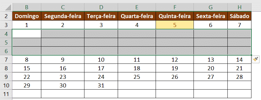 Resultado do deslocamento de células no calendário inicial