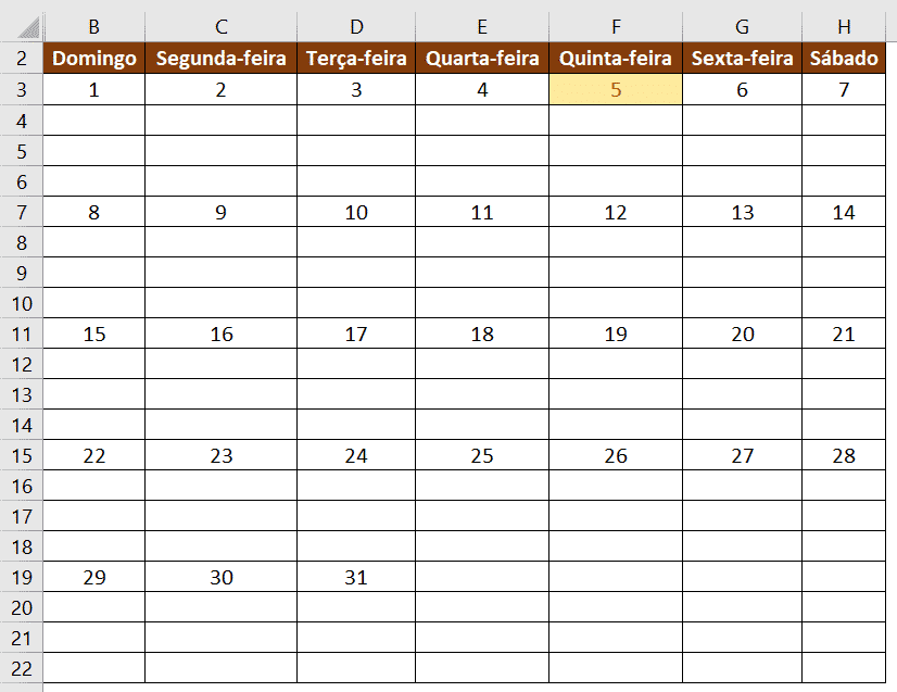 Calendário com todas as linhas adicionadas