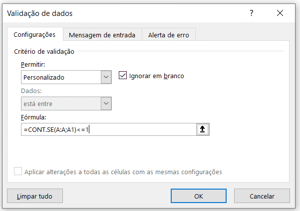 Fórmula personalizada para evitar dados duplicados