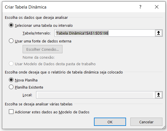 Opção para a criação da Tabela Dinâmica
