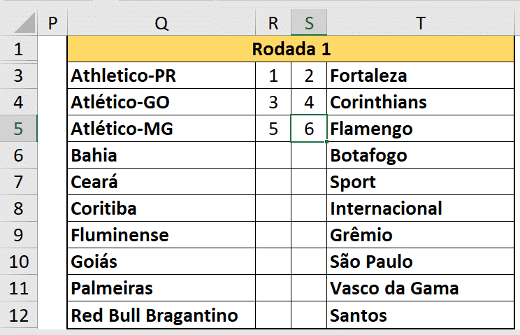Usuário direcionado para a rodada selecionada pronto para inserir as informações - Planilha do Campeonato Brasileiro