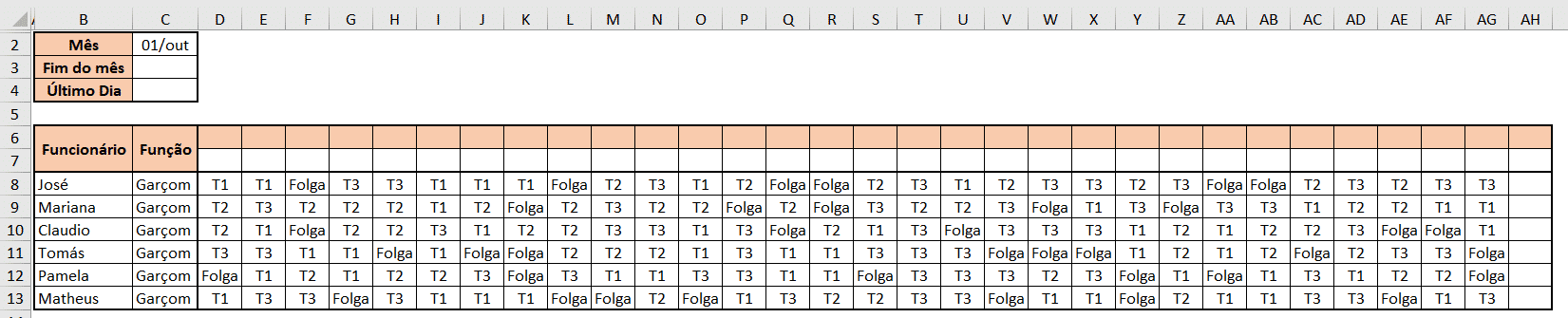 Tabela inicial - Escala de Trabalho