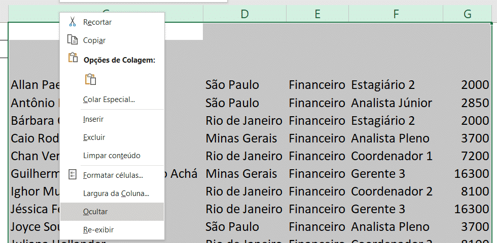 Opção para ocultar as informações do primeiro filtro