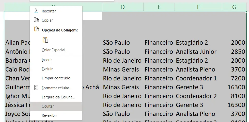 Opção para ocultar as informações do primeiro filtro