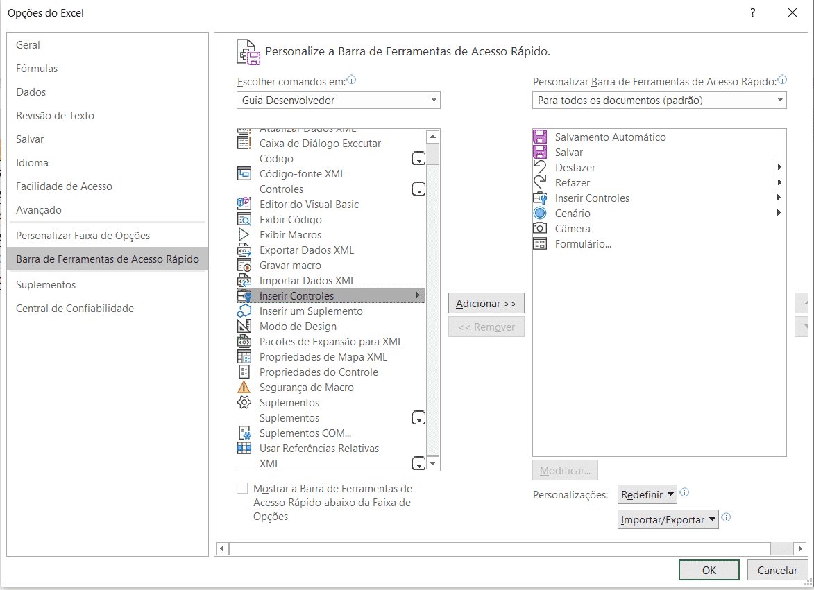 Menu de opções do Excel