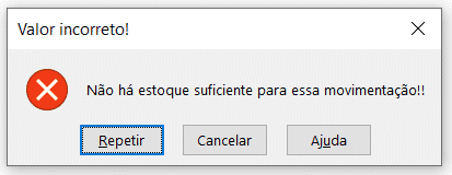 Erro com a nova mensagem inserida pelo usuário - Controle de estoque