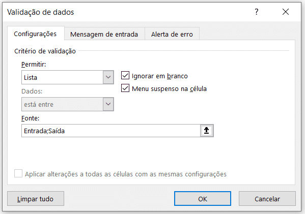 Inserindo as opções para a validação de dados do tipo lista