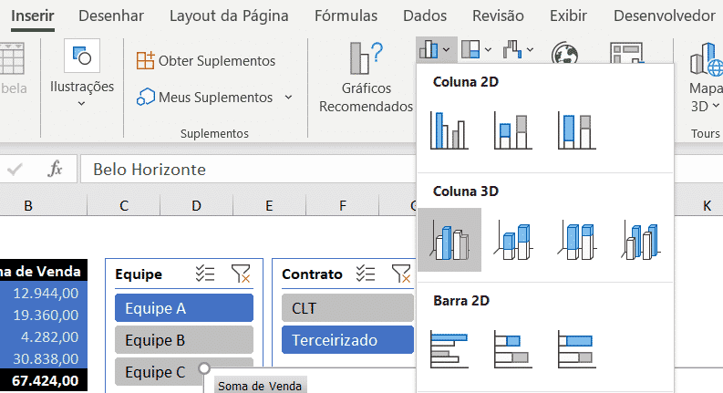 Inserindo um gráfico de coluna 3D - Dashboard no Excel