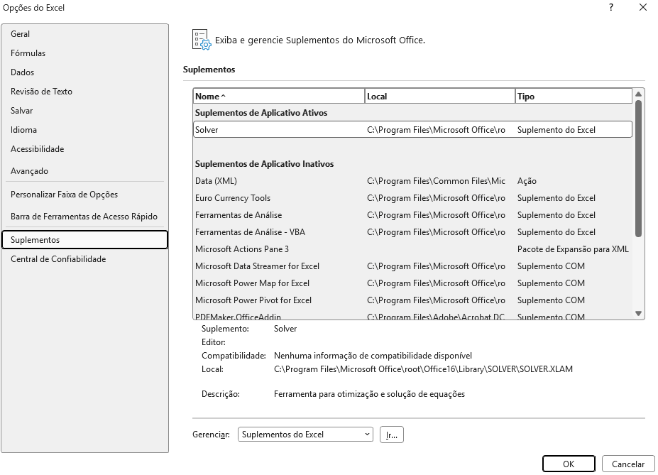 como habilitar solver no excel janela de suplementos