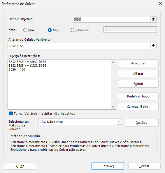 parâmetros do solver no Excel