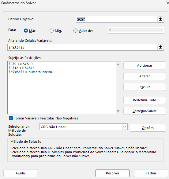 solver no excel maximizar lucro exemplo pratico