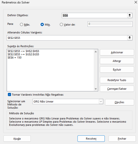 solver no excel minimizar custo mistura de produtos