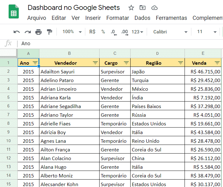 Base de dados no Google Sheets