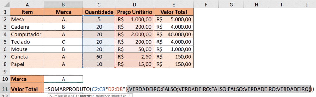 Verificando o resultado da matriz de condição - SOMARPRODUTO no Excel