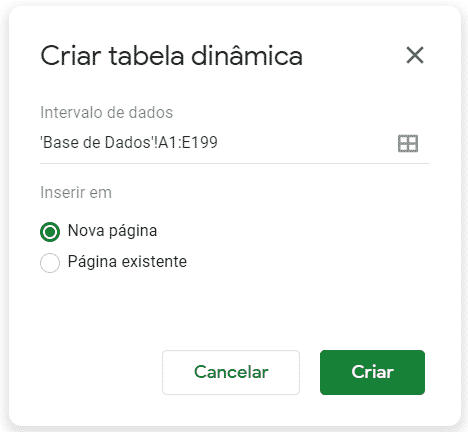 Janela para criação da tabela dinâmica