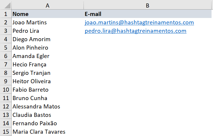 Escrevendo e-mails para o Excel verificar o padrão