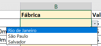 Opções da lista sendo mostradas ao usuário para seleção - Curso Básico de Excel