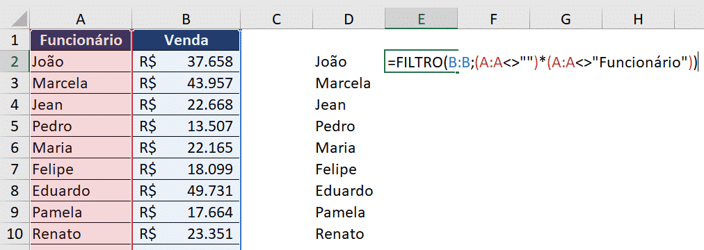 Fórmula FILTRO para os valores das vendas - Gráfico Automático no Excel