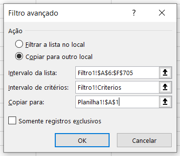 Argumentos no Filtro Avançado no Excel para copiar a planilha em outra aba