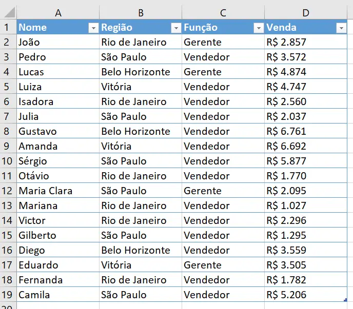 Base de dados formatada como tabela