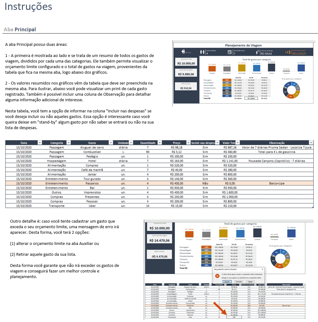 Aba Instruções da Planilha de Controle de Viagem
