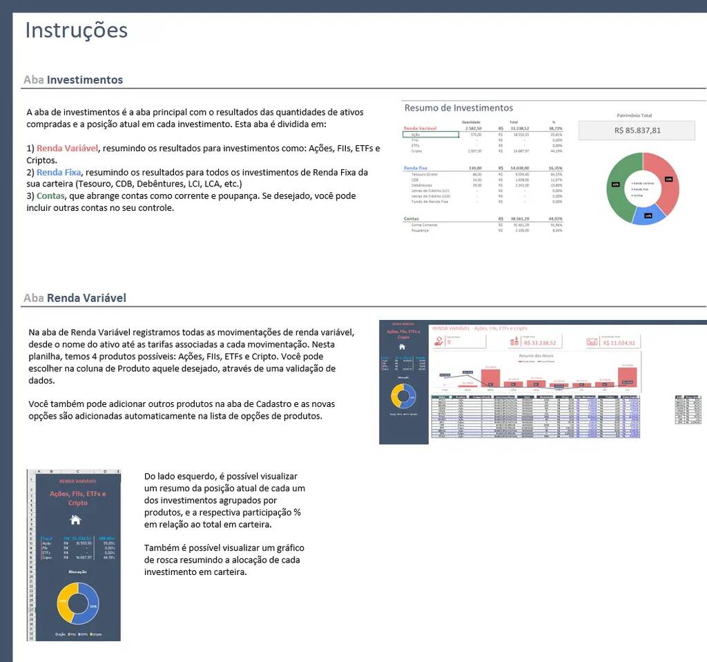 aba Instruções de planilha de controle de investimentos
