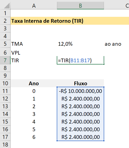Fórmula para cálculo do TIR - Viabilidade Econômica no Excel