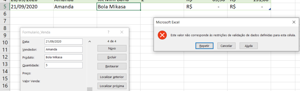 Erro da validação de dados - Formulário de Vendas no Excel