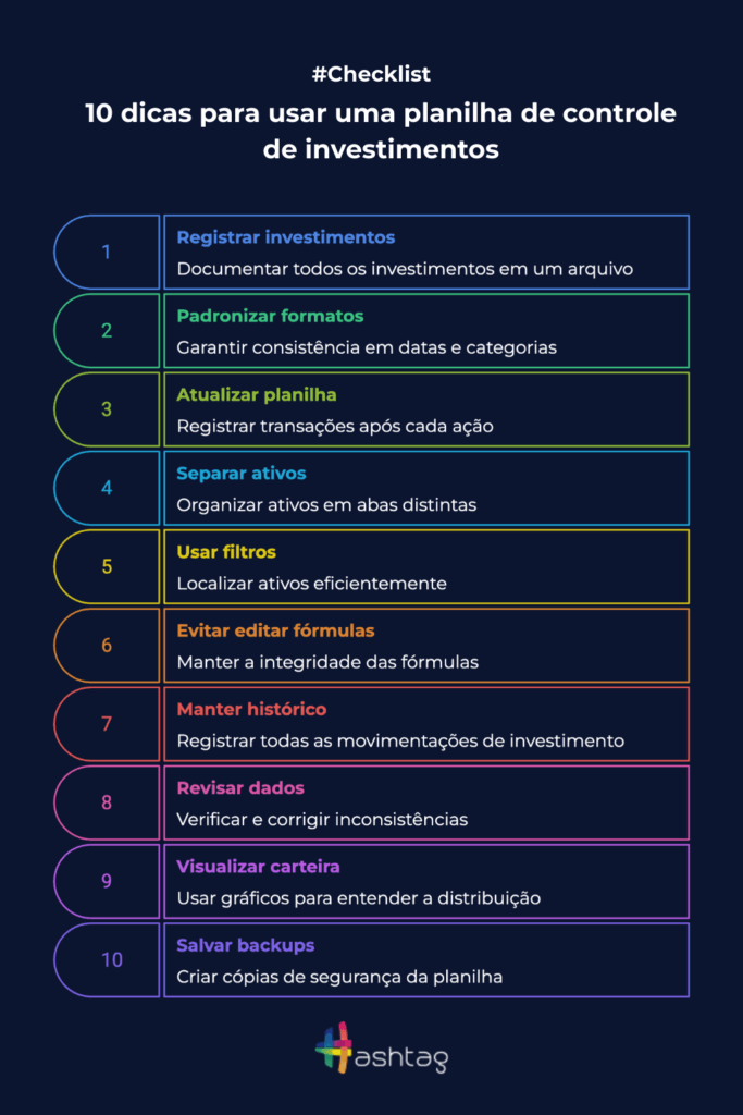 Infográfico com 10 dicas práticas para usar uma planilha de controle de investimentos e manter a organização da carteira financeira.