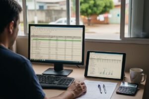 Pessoa utilizando uma planilha de controle de investimentos no Excel para organizar dados financeiros em um computador e tablet sobre a mesa.