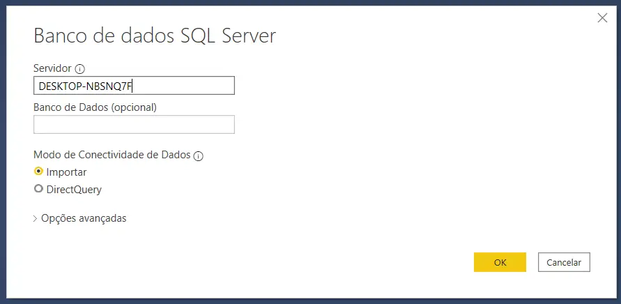 Inserindo o nome do servidor no Power BI