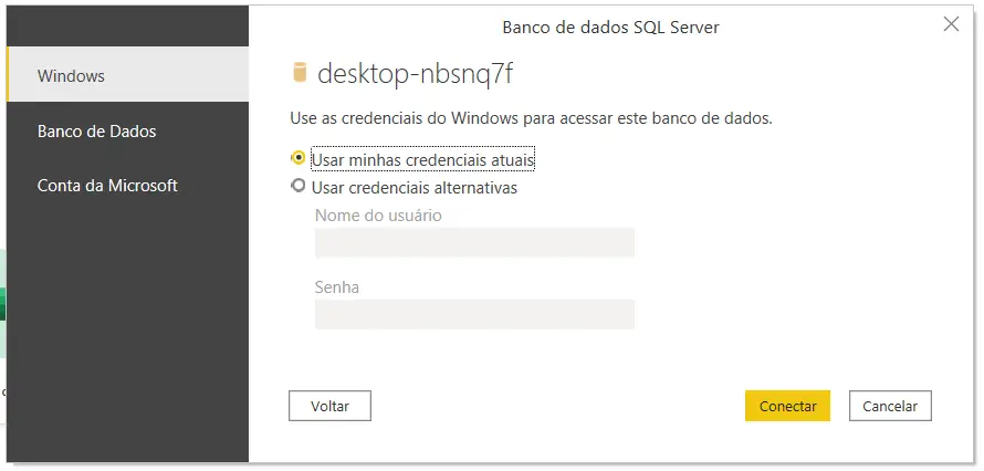 Login caso seja necessário acessar um banco de dados da empresa - Como Integrar o Power BI com SQL Server