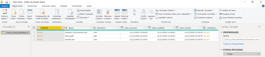 Arquivos dentro do ambiente Power Query