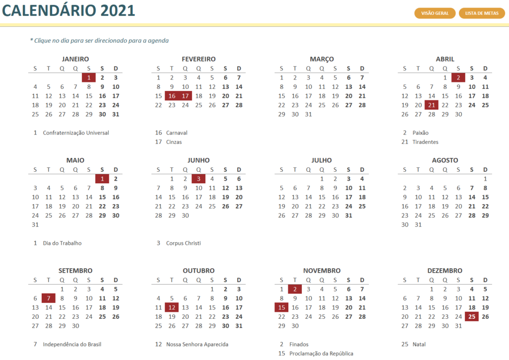 Aba Calendário do Planner 2021