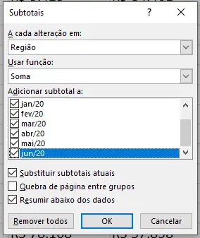 Escolhendo as opções para o Subtotal